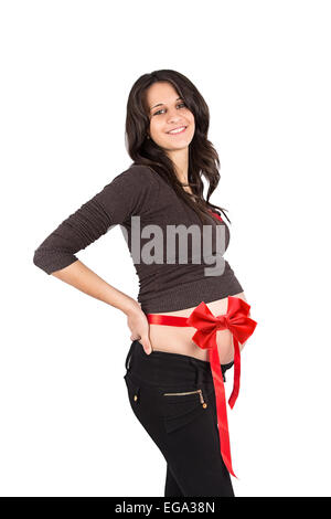 pregnant woman red bow, ribbon isolated on white background Stock Photo