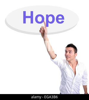 Young man presses hope key - isolated over white Stock Photo