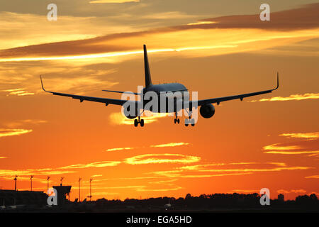 An airplane landing at an airport during sunset on vacation when traveling Stock Photo