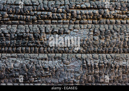 burned down charred black timber rafters and exposed roof structure ...
