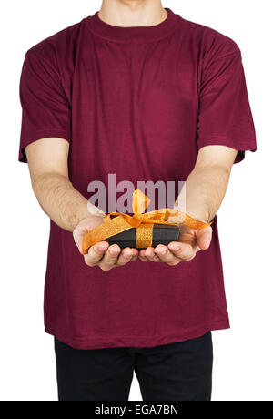 man T-shirt gift box isolated on white background Stock Photo