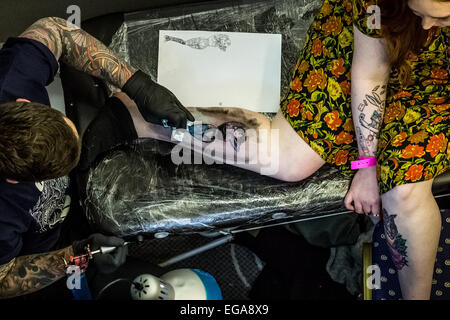 Brighton, UK. 20th Feb, 2015. 8th Brighton Tattoo Convention Credit:  Guy Corbishley/Alamy Live News Stock Photo