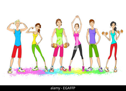 Group of young sport people, colorful clothes man and woman fitness trainer, bodybuilder athletic muscle isolated on white background Stock Photo