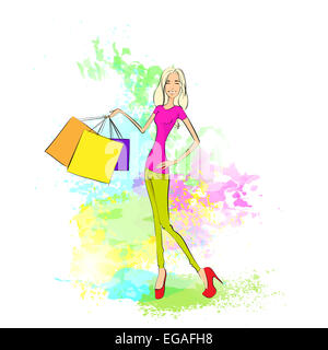 shopping woman with bags over colorful splash, casual girl Stock Photo