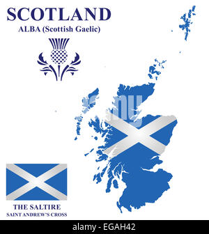 Flag and national emblem of Scotland overlaid on detailed outline map isolated on white background Stock Photo