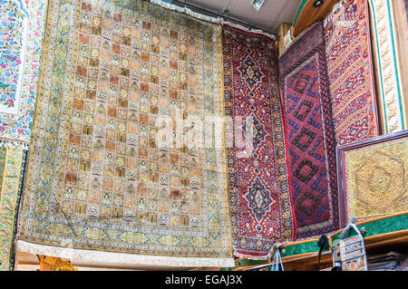 Hand knotted persian carpets on display in a shop Mutrah Souk, in Mutrah, Muscat, Oman, Middle East Stock Photo