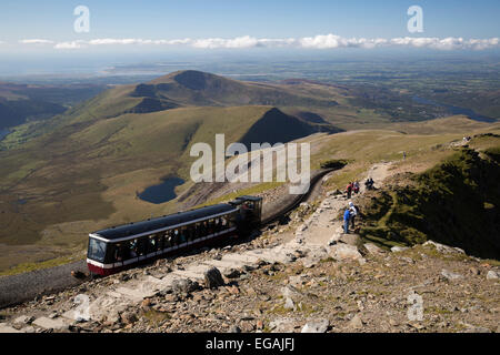 Snowdon Mountain Railway train at summit of Snowdon, near Llanberis, Snowdonia National Park, Gwynedd, Wales; United Kingdom Stock Photo