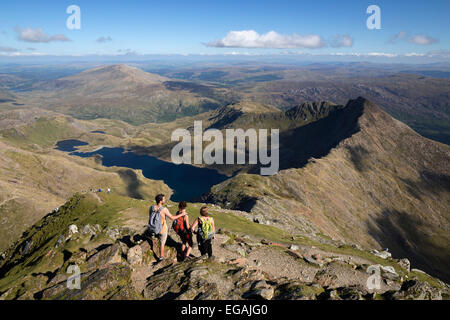 View from summit of Snowdon to Llyn Llydaw and Y Lliwedd ridge, Snowdon, Snowdonia National Park, Gwynedd, Wales, United Kingdom Stock Photo