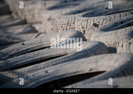 Barcelona, Spain. 19th February, 2015. Detail view of a tyre barrier at Circuit de Barcelona Catalunya during the first pre-season 2015 F1 tests Stock Photo