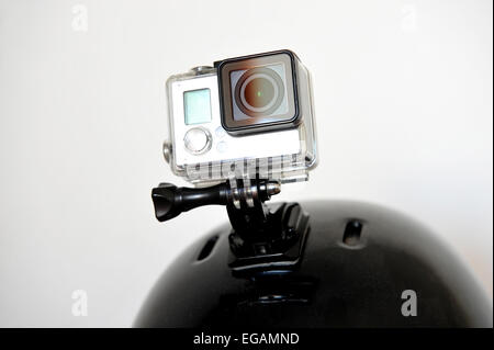 Detail shot with action camera mounted on a sports helmet Stock Photo