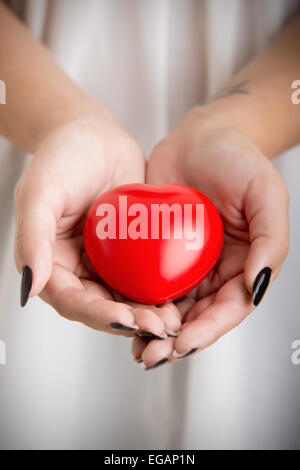 Closeup of female hands holding a heart. Muted colors. Stock Photo