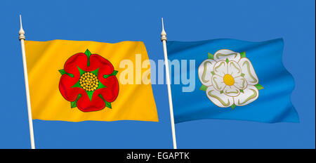 The English county flags of Lancashire and Yorkshire - with the red rose of Lancashire and the white rose of Yorkshire. Stock Photo