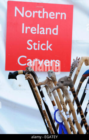 Wooden sticks carved by members of the 'Northern Ireland Stick Carvers' Stock Photo