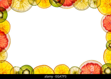 mixed sliced fruits transparency isolated on white background back lighted as frame Stock Photo