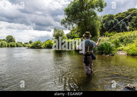 Fly fishing in river Ruhr, Hattingen Germany Stock Photo