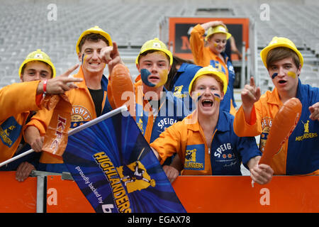 Dunedin, New Zealand. 21st Feb, 2015. Highlander supporters ready for the Super 15 rugby match between the Highlanders and the Crusaders at Forsyth Barr Stadium, Dunedin, Saturday, February 21, 2015. Credit:  Action Plus Sports/Alamy Live News Stock Photo