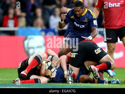 Dunedin, New Zealand. 21st Feb, 2015. Aaron Smith of the Highlanders scores a try during the Super 15 rugby match between the Highlanders and the Crusaders at Forsyth Barr Stadium, Dunedin, Saturday, February 21, 2015. Credit:  Action Plus Sports/Alamy Live News Stock Photo
