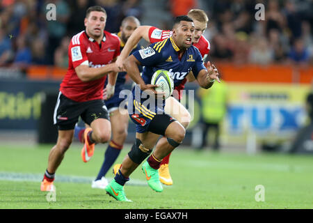 Dunedin, New Zealand. 21st Feb, 2015. Lima Sopoaga of the Highlanders makes a break during the Super 15 rugby match between the Highlanders and the Crusaders at Forsyth Barr Stadium, Dunedin, Saturday, February 21, 2015. Credit:  Action Plus Sports/Alamy Live News Stock Photo