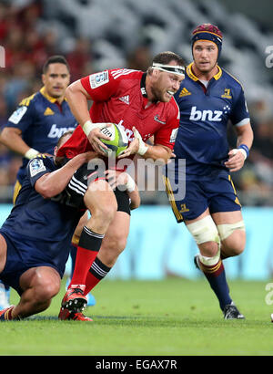 Dunedin, New Zealand. 21st Feb, 2015. Wyatt Crockett of the Crusaders on the charge during the Super 15 rugby match between the Highlanders and the Crusaders at Forsyth Barr Stadium, Dunedin, Saturday, February 21, 2015. Credit:  Action Plus Sports/Alamy Live News Stock Photo