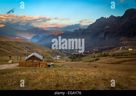 Alpine hut in Alps, Dolomites, Passo Pordoi, Italy Stock Photo