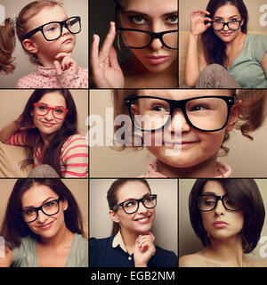 Happy smiling portrait collage collection from people in glasses looking. Fashion style of woman and kid on different background Stock Photo