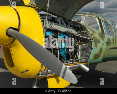 Messerschmitt Bf 108 nicknamed 'Taifun' (Typhoon) with visible engine on display. High Resolution digital Hasselblad shot. Stock Photo