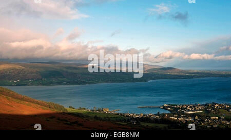 Aerial image of Carlingford village and Loch and Mourne Mts. Co. Louth Ireland. Stock Photo