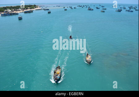 Traditional Fisherman boat on sea India Rameswaram Tamil Nadu Fishing Boats Leaving the Mainland India for Daily Life Fishing Stock Photo