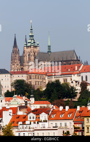St Vitus Cathedral and the Prague Castle sit atop the district of Mala Strana (Little Quarter). Stock Photo
