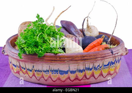 Vintage pot filled with carrots, black and white radish, potatoes, parsnip Stock Photo