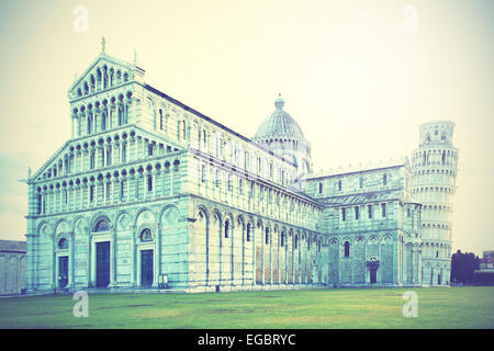 Cathedral and the Leaning tower in Pisa, Italy. Retro style filtred image Stock Photo