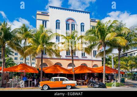 Art Deco building design on Ocean Drive, South Beach Miami, Florida, USA with a cafe restaurant below Stock Photo