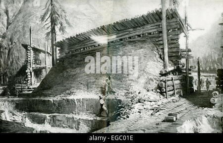 This photo shows an Italian entrenchment in an Alpine ravine during the First World War. Two soldiers are working on strengthening the embankment against the wood logs that act as a frame. Stock Photo