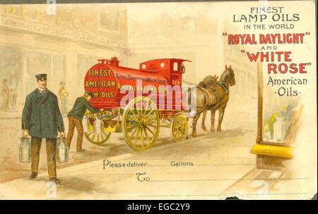 Advertising postcard for 'Royal Daylight' and 'White Rose' American Oils. Stock Photo