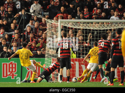 Western Sydney Wanderers have beaten Guangzhou Evergrande in the first leg of their AFC quarter final 1-0 in a often spiteful and controversial game. Featuring: Atmosphere Where: Sydney, Australia When: 20 Aug 2014 Stock Photo