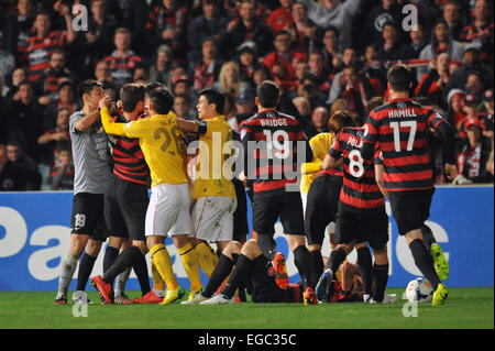 Western Sydney Wanderers have beaten Guangzhou Evergrande in the first leg of their AFC quarter final 1-0 in a often spiteful and controversial game. Featuring: Atmosphere Where: Sydney, Australia When: 20 Aug 2014 Stock Photo
