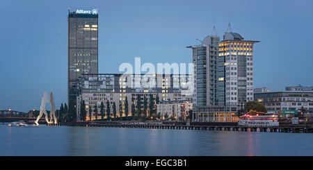 River Spree, Office buildings, Aliianz tower, Treptowers, Monecule Man, Berlin , Germany Stock Photo