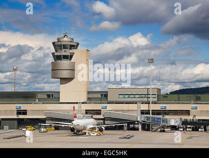 ZURICH - September 21:  Planes preparing for take off at Terminal A of Zurich Airport on September 21, 2014 in Zurich, Switzerla Stock Photo
