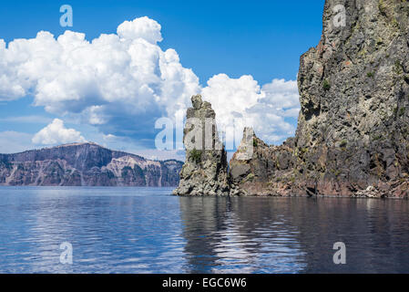 View of the Phantom Ship rock formation from a tour boat. Crater Lake National Park, Oregon, United States. Stock Photo