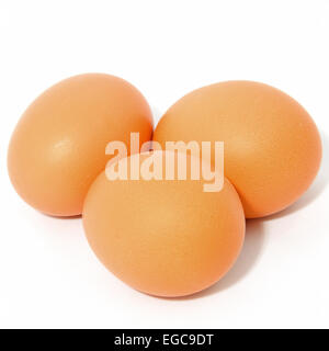 Three brown chicken eggs over white background Stock Photo