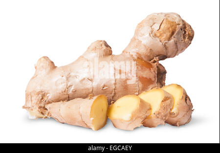 Sliced and whole ginger root isolated on white background