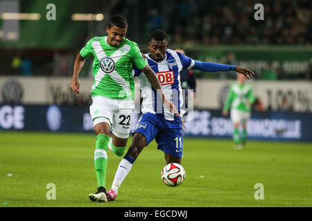 Wolfsburg, Germany. 22nd Feb, 2015. Luiz Gustavo (L) of VfL Wolfsburg vies with Salomon Kalou of Hertha BSC during their German first division Bundesliga football match in Wolfsburg, central Germany, on Feb. 22, 2015. VfL Wolfsburg won 2-1. © Zhang Fan/Xinhua/Alamy Live News Stock Photo