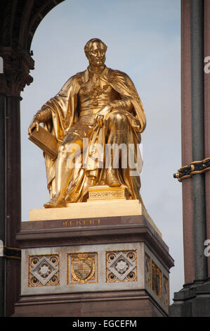 The gilded statue of Prince Albert at the center of the Albert Memorial, Kensington Gardens, London. Stock Photo