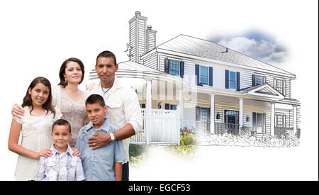 Young Hispanic Family Over House Drawing and Photo Combination on White. Stock Photo