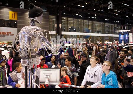 Robot conversing with crowd. Ford exhibit, Chicago Auto Show 2015 Stock Photo