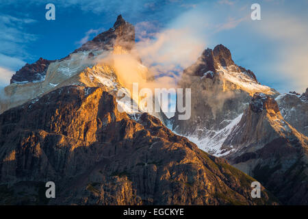 Los Cuernos towering above Lago Nordenskjold, Torres del Paine, Chilean Patagonia Stock Photo