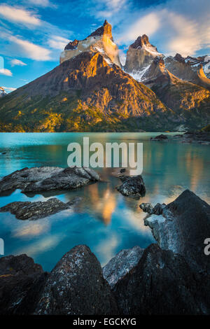 Los Cuernos towering above Lago Nordenskjold, Torres del Paine, Chilean Patagonia Stock Photo