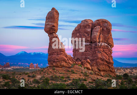 Balanced Rock is one of the most popular features of Arches National Park, situated in Grand County, Utah, United States. Stock Photo