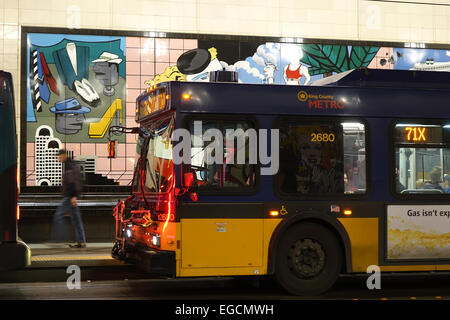 A bus sits at the Westlake underground bus station in Seattle, WA. USA Stock Photo