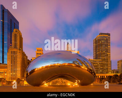 Cloud Gate is a public sculpture in AT&T Plaza at Millennium Park in the Loop community area of Chicago, Illinois Stock Photo